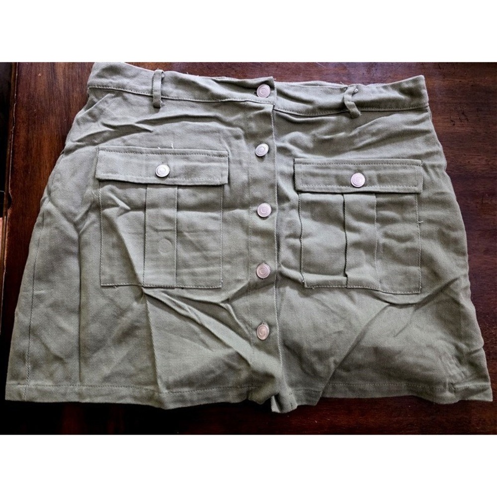 NWPT Hyfve L Button Up Jean Denim Mini Skirt Skater Style Olive Green 127249